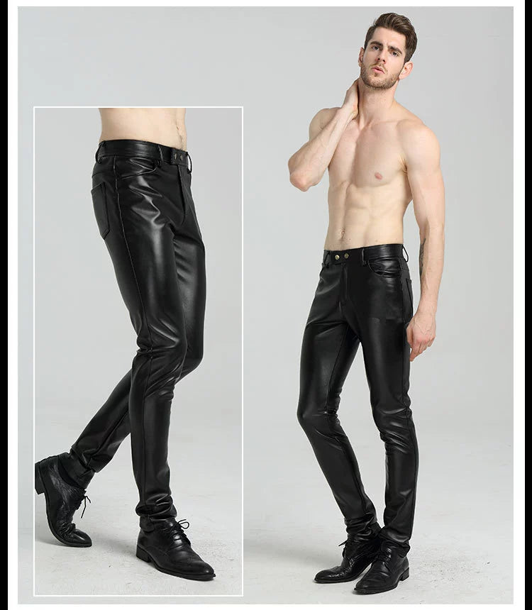 Youth Black Thin Slim-Fitting Ankle-Tied Handsome Leather Pants