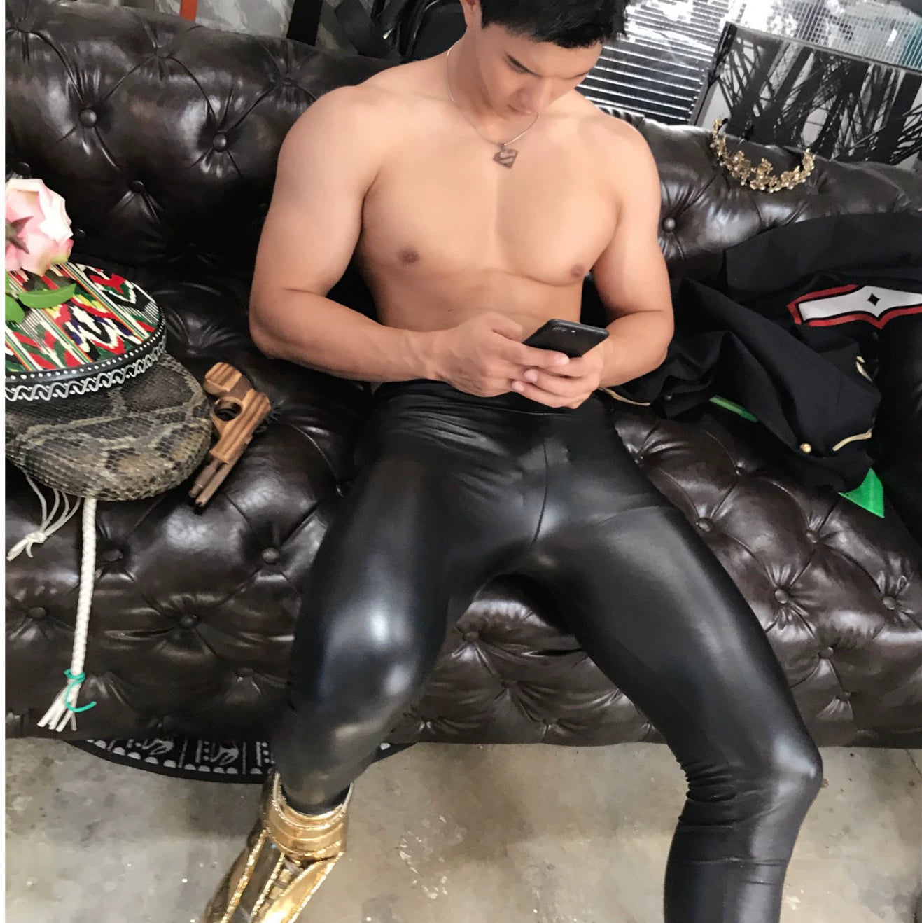 Nightclub Men's Model Performance Hair Stylist Outerwear Leather Pants