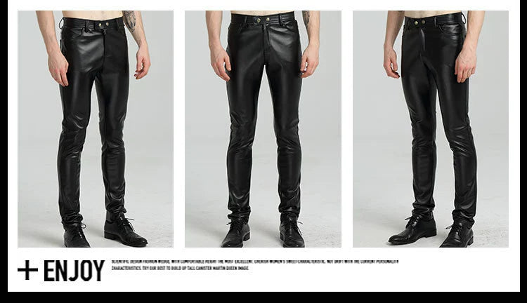 Youth Black Thin Slim-Fitting Ankle-Tied Handsome Leather Pants