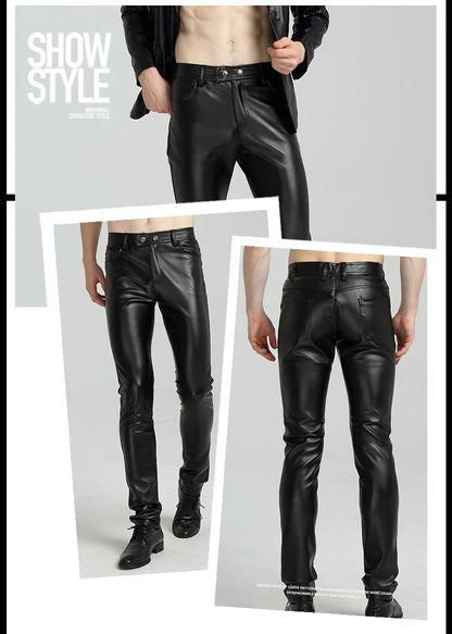 Youth Black Thin Slim-Fitting Ankle-Tied Handsome Leather Pants