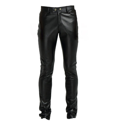 Youth Black Thin Slim-Fitting Ankle-Tied Handsome Leather Pants